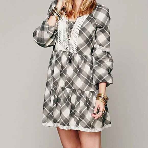 Free People Constantine Plaid White Black Ruffle Lace Babydoll Mini Dress XS - Picture 3 of 3